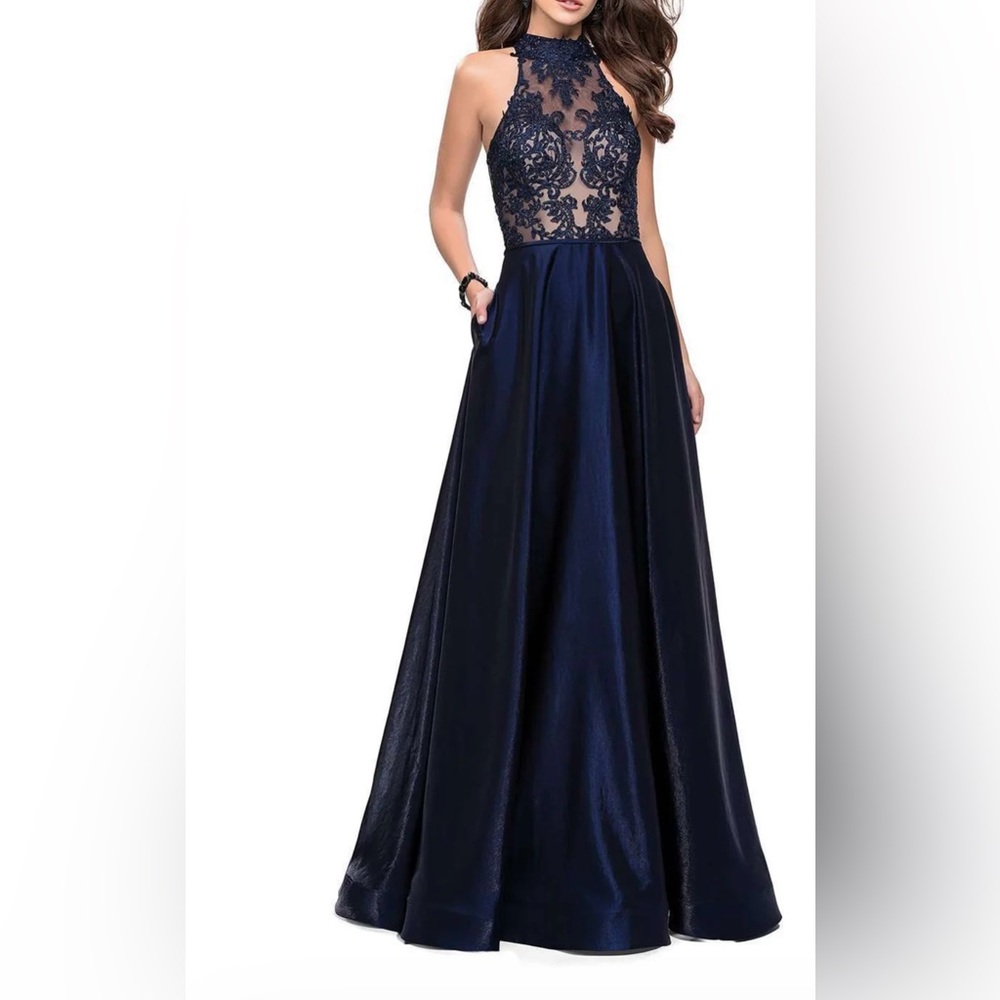 La Femme Midnight Blue Lace Gown